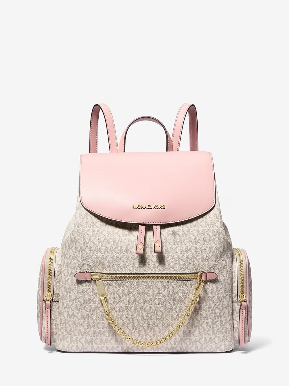 Michael Kors Jet Set Pink & Beige Signature Backpack with Gold Chain